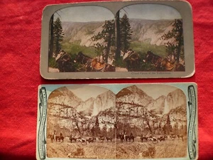 TWO Stereo Views Bierstadt 1870 COWBOYS YOSEMITE VALLEY + YELLOWSTONE CANON - Picture 1 of 15