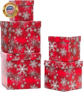 5PCS Christmas Nesting Gift Boxes with Lid, Xmas Nested Box Set, 5 Sizes, Square - Picture 1 of 9