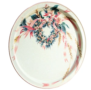 Vintage Metal Tray Pink White Prettique Floral 13.5" Round - Picture 1 of 5