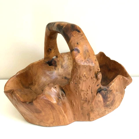 Vintage Carved Natural Burl Wood Basket With Handle SIGNED Please Read Cover