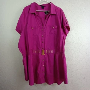 Ashley Stewart Blouse Top Roll Tab Short  Sleeve Button Up Belted Size 26 NWT - Picture 1 of 6