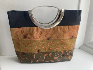 Embroidered And Beaded Silk Type Fabric Bag In Gold And Copper, Metal Handles - Picture 1 of 5