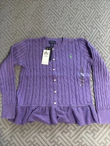 Ralph Lauren Girls Purple Cable-Knit Peplum Cardigan Size XL 16 New With Tags - Picture 1 of 10