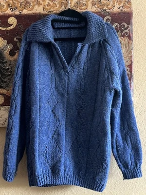 SUÉTER JERSEY DE PUNTO GRUESO DE LANA HECHO A MANO UNISEX AZUL ÚNICO EN SU CLASE Foto 1 de 2