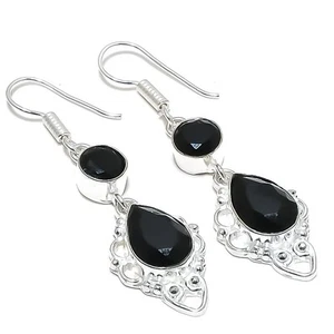 Black Spinel Gemstone Handmade 925 Starling Silver Jewelry Earring Size 2.3" - Picture 1 of 1