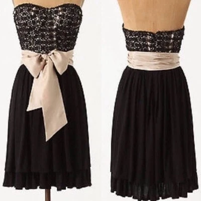 ANTHROPOLOGIE Lil Black Ribbon Tie Crochet Boho Lace And Light Strapless Dress 4 - Image 1 of 4