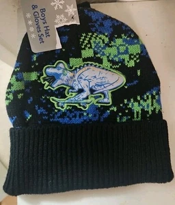 Boy's Dinosaur Hat And Glove Set New With Tag Black/Blue/Green 100% Acrylic - Picture 1 of 4