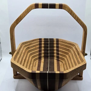 VTG Collapsible Wooden Folding Basket Trivet Base and Handle 11.5"W Handmade - Picture 1 of 17