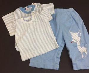 Vintage 1960s Baby Blue White 3 Pc 18 Mo Large Scotties By Cromwell Buster Brown - Picture 1 of 5