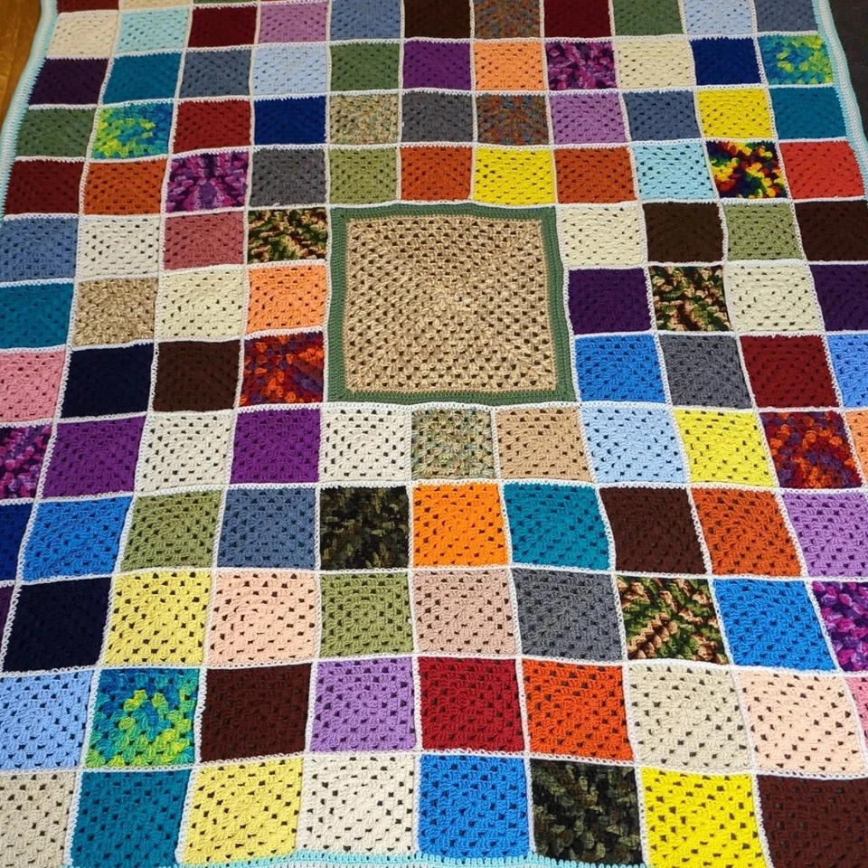 Handmade Crochet Afghan Throw Granny Square Bright Black Outline 83x65 Colorful  - Image 1 of 4