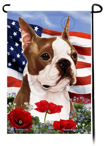 Bandera de jardín flores patrióticas - Boston Terrier marrón y blanco - Imagen 1 de 1
