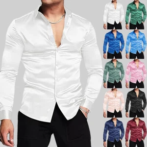 Mens Satin Wet Look Shirt Tops Long Sleeve Casual Work Formal Party Shirts Top - Picture 1 of 30