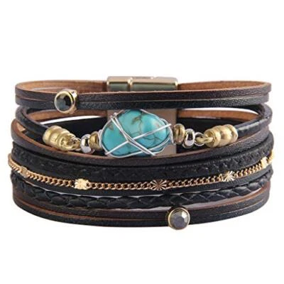  Womens Leather Cuff Bracelet Feather Multi Strand Black Leather Bracelet - Image 1 of 4
