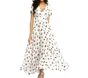 NEW Cherry Maxi Smock Waist Tassel Long Short Sleeve Fruit White Red Dress M - Picture 1 of 7