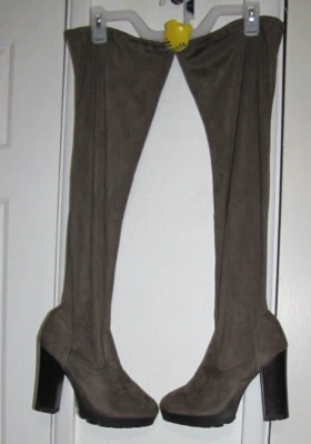 Botas altas hasta el muslo de bambú 4" tacón bloque imitación gamuza vegana tela elástica para mujer 10 Foto 1 de 4