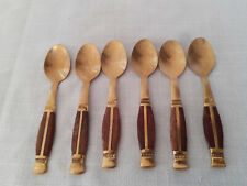 Vintage Set of 6 Small Brass Metal Spoons With Rose Wood Handles Thai Spoon Set