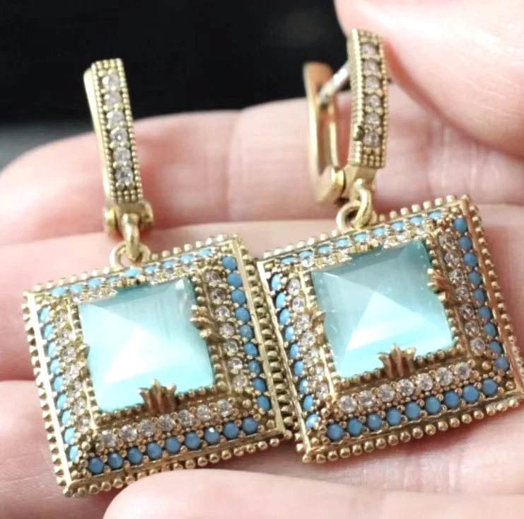 Elegant Turquoise Square JEWELS Blue Green Rhinestone Betsey Johnson Earrings - Image 1 of 4