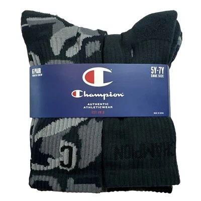 Champion Youth Crew Socks Unisex 6 Pair Kids Shoe Size 5Y-7Y Gray Camo Black - Image 1 of 2