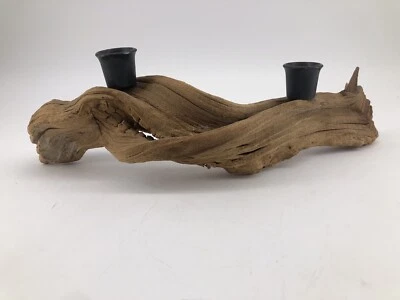 Rustic Driftwood 2 Candle Stick Holder Cabin natural wood primitive handmade MCM - Image 1 of 4