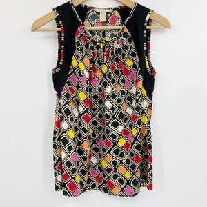 Banana Republic Factory Sleeveless Blouse Keyhole Black Multicolor Geometric XS - Picture 1 of 5