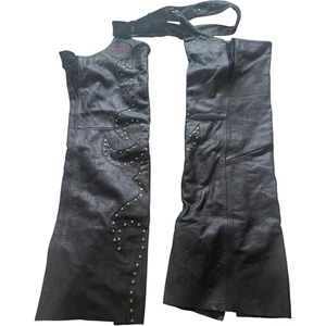 Harley Davidson XL Leather Embroidered Motorcycle Rider Chaps Zip Studded Button - Imagen 1 de 24