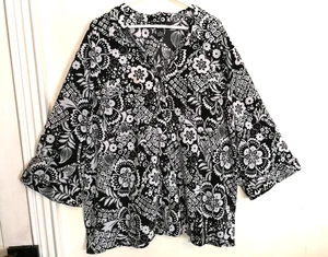 Maggie Barnes Damen Bluse 5X Plus 34/36 W Blumenmuster schwarz weiß Hemd mit Knopfleiste - Bild 1 von 6