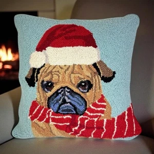 Almohada enganchada Grandson Road Holiday Pug Dog 100 % lana 16" X 16” algodón azul rojo - Imagen 1 de 7