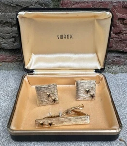 Vintage Set of SWANK Cuff Links Tie Bar/Clip Storage Box/Case Star Gilded Metal - Picture 1 of 18