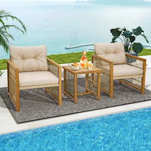 3PCS Patio Acacia Wood PE Wicker Furniture Set w/ SoFT Seat & Back Cushions - Picture 1 of 10