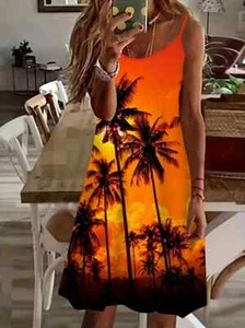 Woman's Orange with Coconut Tree Print Comfy Cami Dress - Plus Size: 4XL (US 20) - Picture 1 of 3