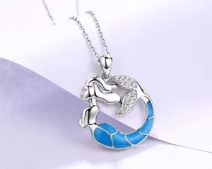 KX Meerjungfrau mit blauem Feueropal Anhänger und Kette Sterling Silber 925  - Bild 1 von 1