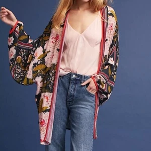 Anthropologie Blank London Bordered Floral Kimono Boho Pink Multi OS One Size - Picture 1 of 11
