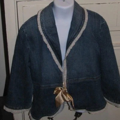 Disney Store Girl's 10/12 Denim Gold Sparkly Satin Bow Tie Coat Jacket - Image 1 of 4