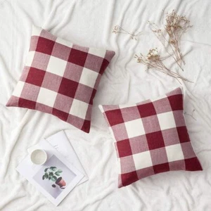 Christmas Decor Farmhouse Buffalo Checkers Plaid Cotton Linen Throw Pillow Case - Picture 1 of 6