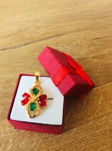 One only 9k 375 stamped Green emerald and Red ruby Crystal Gold Plated Pendant