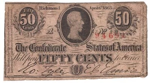 50c 1863 T-63 CSA Confederate States of America Jefferson Davis - Picture 1 of 2