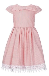 Rare Editions Little Girl's Coral Stripe Front Bow Fit & Flare Dress-Size-5 or 6 - Picture 1 of 4