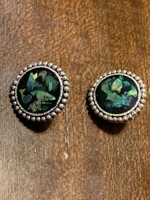 Vintage Round abalone shell Clip On stud  earrings Silver Tone She’ll  3/4” - Image 1 of 4