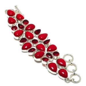 Red Coral, Red Garnet Gemstone Handmade 925 Sterling Silver Jewelry Bracelet - Picture 1 of 6
