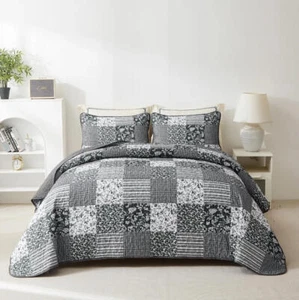 King Queen Size Bedspreads Set-Grey Coverlets Patchwork Comforter Bed Set - Picture 1 of 7