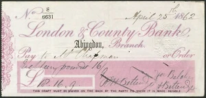 London & County Bank, Niederlassung Abingdon, Bestellscheck, 18[62] - Bild 1 von 1