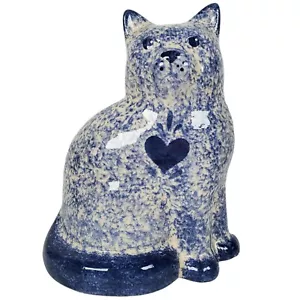 Vintage Cat Tabby Calico Blue Ceramic Figurine Spongeware Cottage Home Décor - Foto 1 di 11