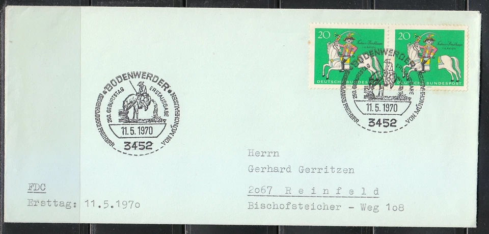 Germany 1970 FDC cover Mi 623 Sc 1020 Count Hieronymus Munchhausen.Bodenwerder - Image 1 of 1