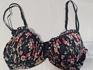 H&M Womens Sz 36B Padded Push Up Bra Black w/ Pink Floral Flowers Ruched - Picture 1 of 3