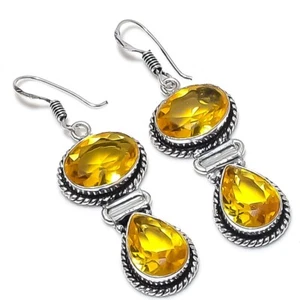 Yellow Citrine Gemstone Handmade 925 Sterling silver Jewelry Earring Size 2'' - Picture 1 of 1