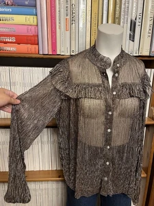 By Iris Damen S 10 Top Bluse Shirt Lurex Falte Rüschen Latz transparent metallic locker - Bild 1 von 11
