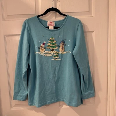 Quacker Factory Sweater Womens Sz L Blue Sequin Snowman Holiday Christmas Tree - Image 1 of 4