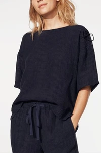 Eileen Fisher donna taglia M top puckered lino biologico gioiello collo scatola blu - Foto 1 di 12