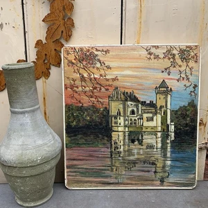 Vintage Castle On The Lake Painting On Board  - Picture 1 of 4