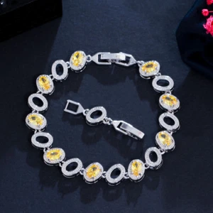 Bracciale catena tennis rotonda ovale gialla braccialetto placcato argento zirconi bigiotteria moda - Foto 1 di 21